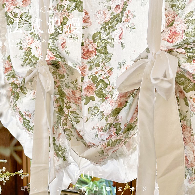 法式甜美复古窗帘系带棉布半帘提C拉帘门帘美式厨房小短帘奶油玫