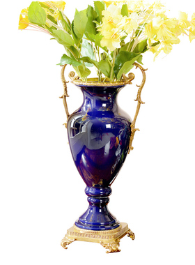 欧式创意陶瓷配铜宝蓝色家居饰品花插美式客厅电视柜玄Z关果盘摆