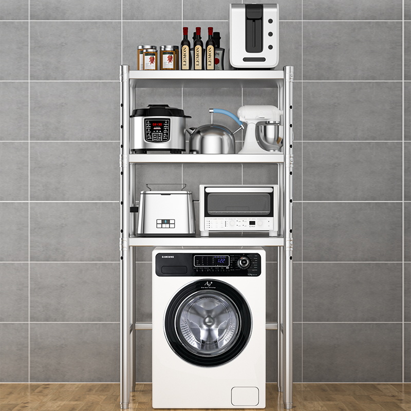 不锈钢置物架带围栏厨房落地储物微波炉架家N用冰柜阳台洗衣机架