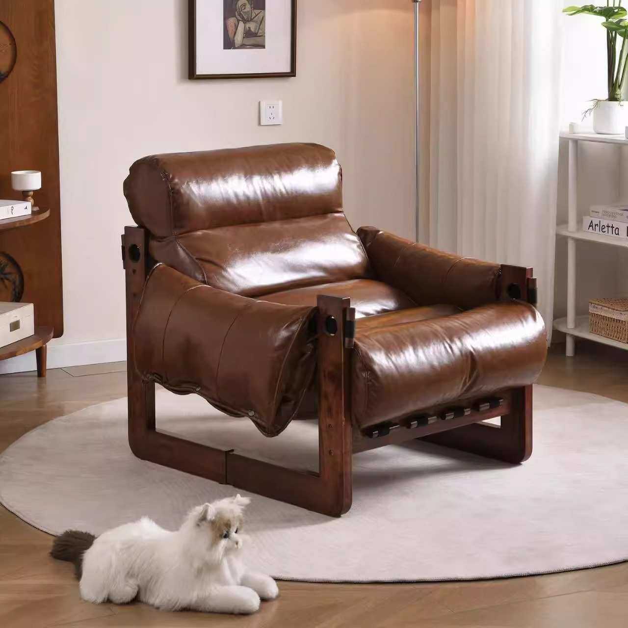 复古轻奢泽西岛椅家用客厅懒人皮沙发阳台休闲沙发椅单人实木躺