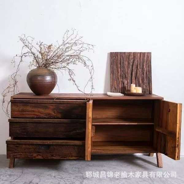 侘寂风实木餐边柜靠墙斗柜复古办公茶水柜老榆木玄关抽屉式收纳柜