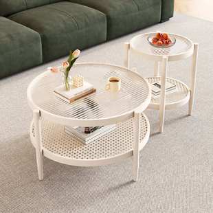 中古风日式藤编圆形玻璃茶几小户型家用客厅新款阳台简约茶桌组合