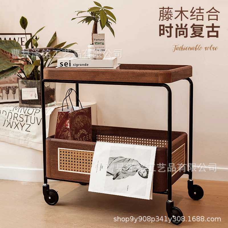现货复古移动小推车客厅沙发阳台中古实木收纳藤编置物架家用推车