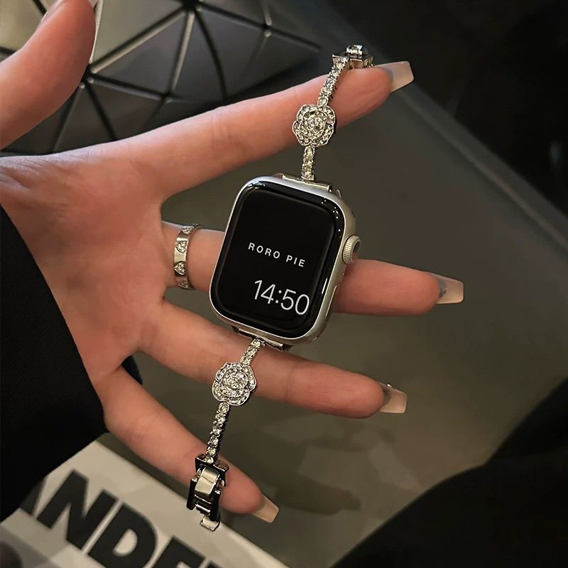 适用Applewatchs11/10代表带iwatch9/8/7/se女山茶花金属苹果手表
