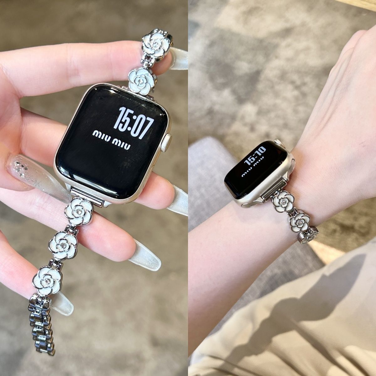 新款高级山茶花香风链条适用苹果watchs11表带iwatch表带s10金属