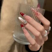 新年烟花酒红穿戴美甲超仙纯手工手绘纯欲安哥拉红双十一