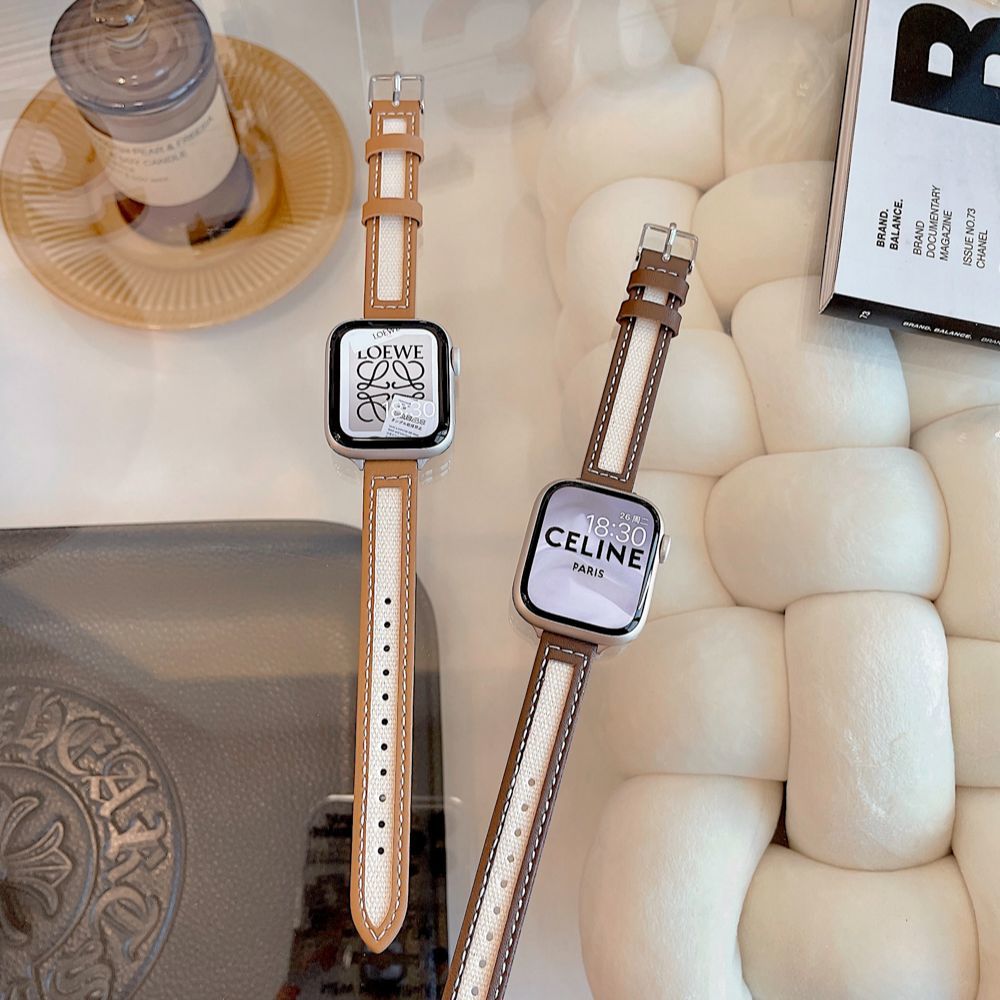 适用AppleWatchs11表带个性帆布苹果手表皮质iWatchS10英伦风腕带