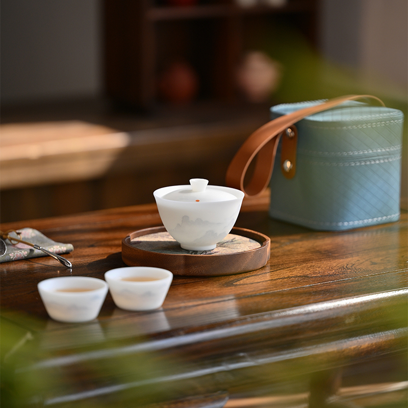 不东 江山如画羊脂玉瓷白瓷盖碗旅行茶具套装
