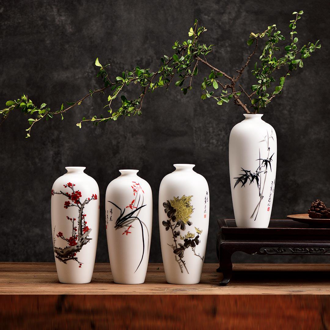 陶瓷艺术大师手绘花瓶摆件春夏秋冬 梅兰竹菊系列陶瓷大师礼盒