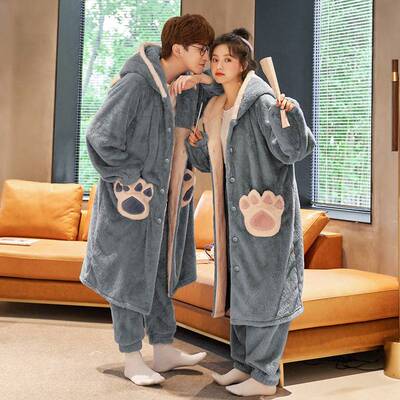 芬腾情侣睡袍珊瑚绒男士女士法兰绒加厚加绒家居服情侣睡衣秋冬款