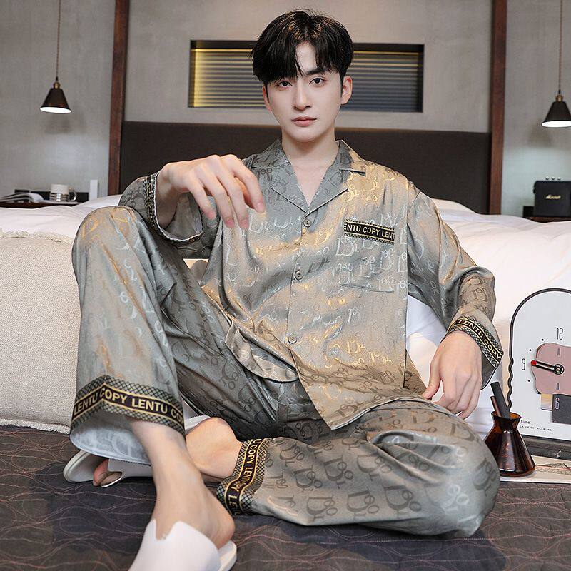 芬腾冰丝睡衣男士长袖春秋2025新款开衫中年爸爸高级感家居服套装