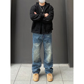 男女宽松直筒重磅质感长裤 Vintage做旧磨破牛仔裤 子 美式 98SQUID