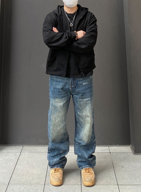 98SQUID 美式Vintage做旧磨破牛仔裤男女宽松直筒重磅质感长裤子