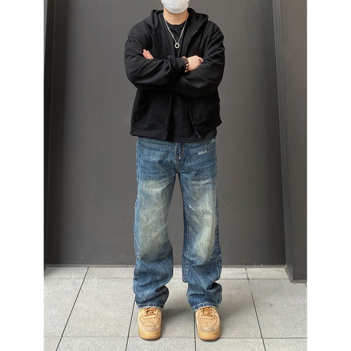 98SQUID 美式Vintage做旧磨破牛仔裤男女宽松直筒重磅质感长裤子