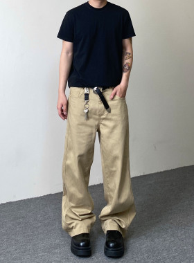 98SQUID 美式复古简约卡其工装休闲裤男女宽松百搭阔腿垂感长裤子