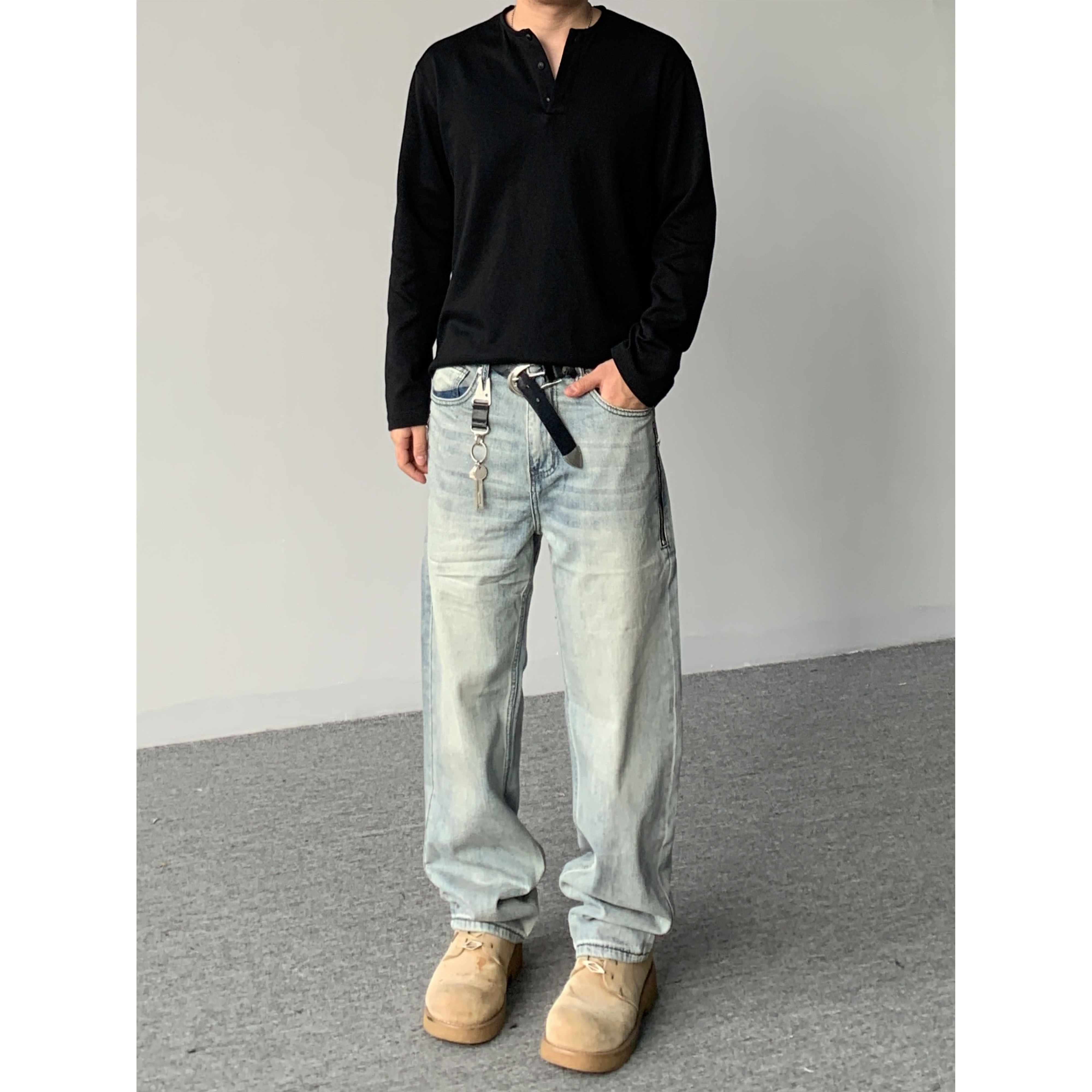 98SQUID 美式复古侧边拉链水洗浅色牛仔裤男女宽松休闲直筒长裤子,男装,牛仔裤,淘宝优惠券,粉丝福利购,淘宝优惠卷
