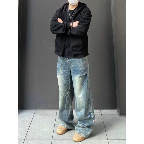 98SQUID 美式复古解构设计感牛仔裤男女宽松褶皱阔腿百搭拖地长裤