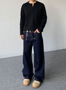 98SQUID 美式复古原色丹宁cleanfit牛仔裤男女宽松休闲阔腿长裤子