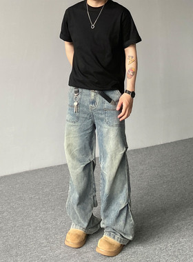 98SQUID 美式复古vibe褶皱工装牛仔裤男女宽松设计感阔腿休闲长裤