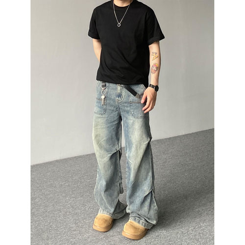 98SQUID 美式复古vibe褶皱工装牛仔裤男女宽松设计感阔腿休闲长裤