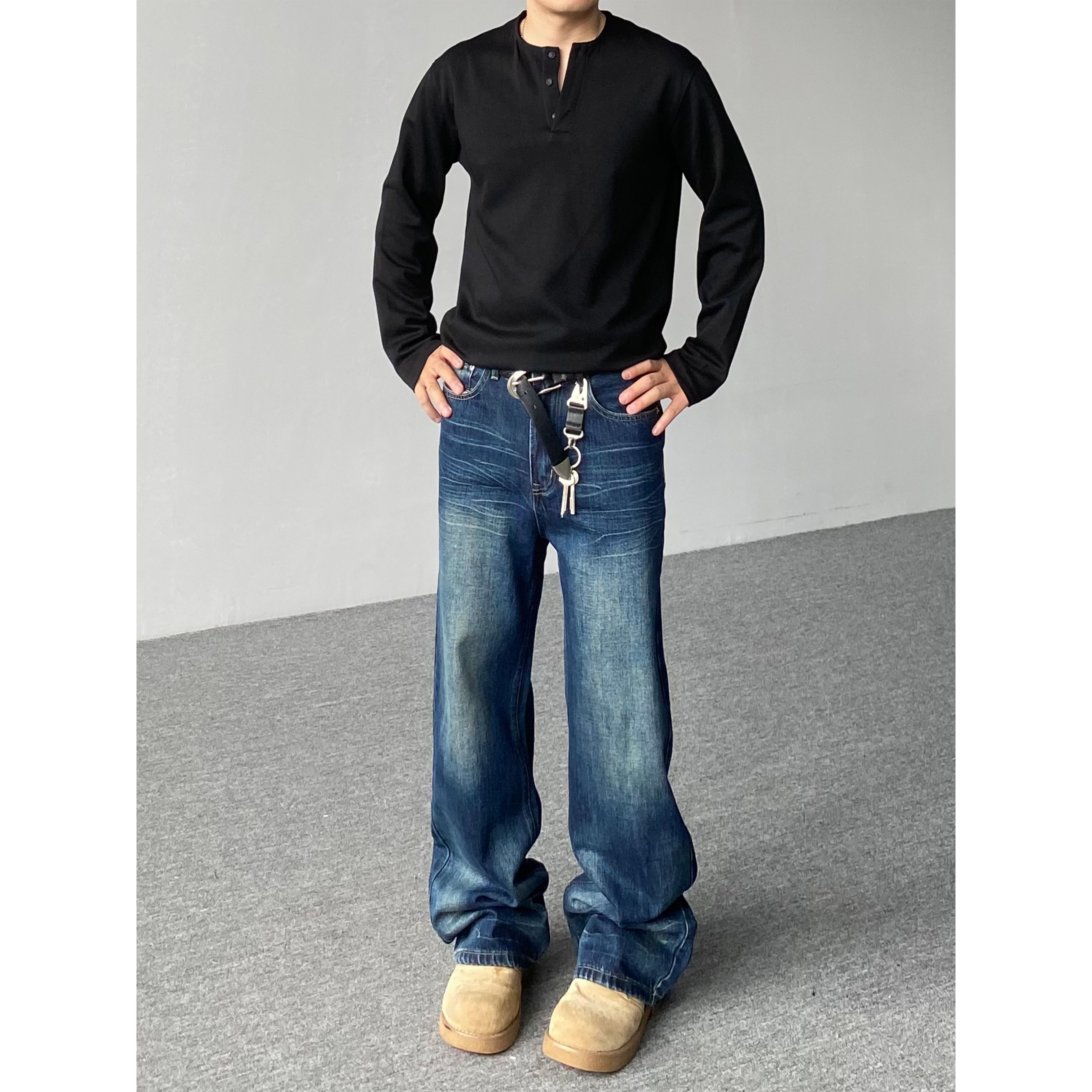 98SQUID 美式复古重工扎花水洗牛仔裤男女宽松垂感阔腿休闲长裤子