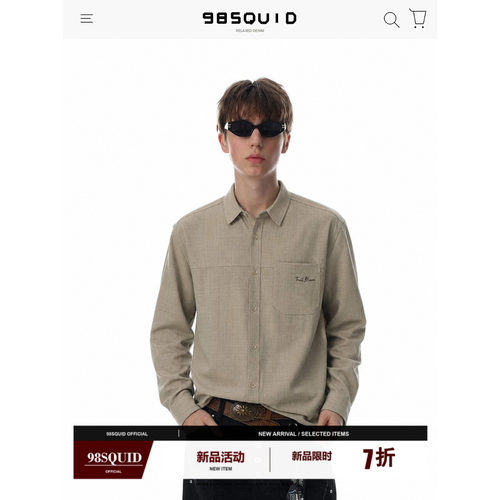 98SQUID 美式复古肌理感刺绣字母长袖衬衫男女宽松百搭设计感上衣