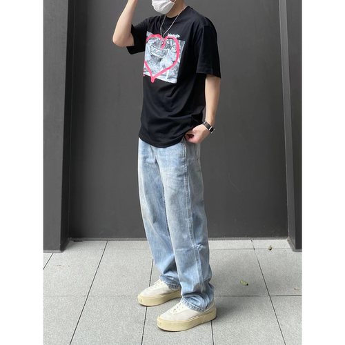 98SQUID美式宽松水洗做旧牛仔裤