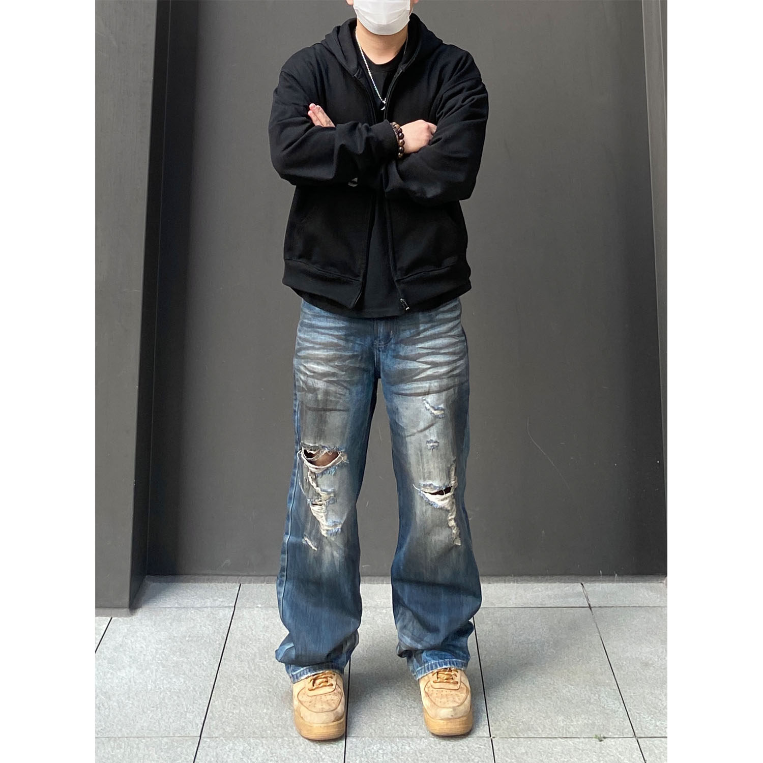 98SQUID 美式复古做旧脏染破洞刮烂牛仔裤男女宽松垂感直筒长裤潮