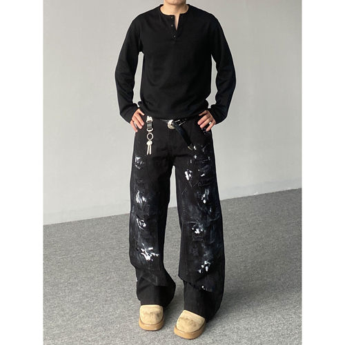 98SQUID 美式复古做旧泼墨破坏重工牛仔裤男女宽松休闲阔腿长裤潮