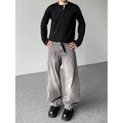 98SQUID美式复古拼接弯刀牛仔裤男女宽松水洗baggy休闲阔腿长裤潮