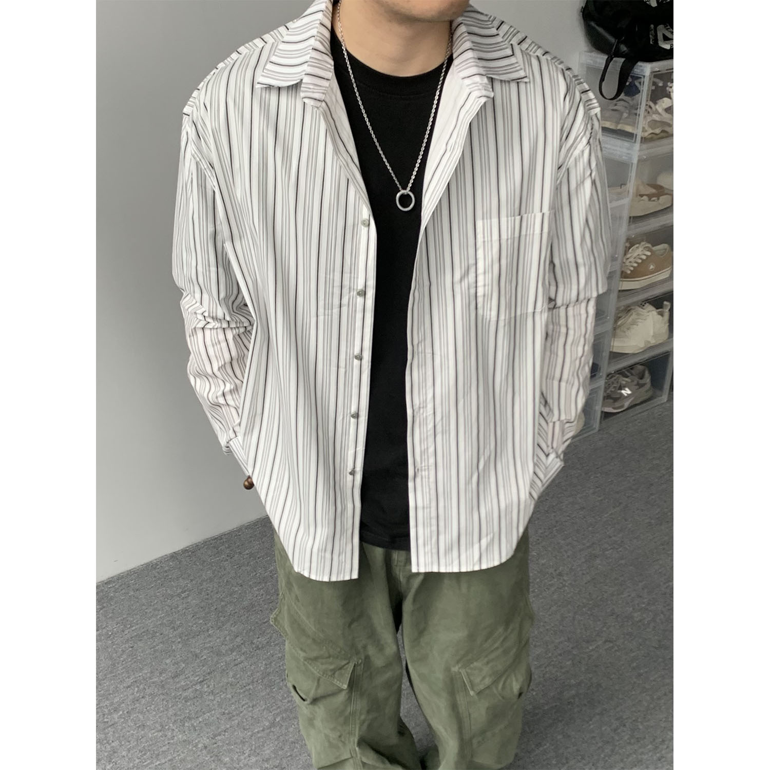 98SQUID 美式复古cleanfit白色条纹衬衫情侣宽松休闲百搭长袖上衣