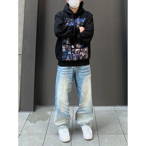 98SQUID 美式复古水洗波纹感直筒牛仔裤男宽松高街磨破休闲长裤子