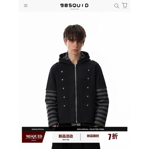 98SQUID美式街头条纹拼接条纹假两件连帽卫衣男女设计感休闲外套