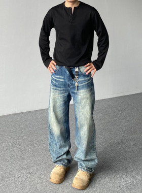 98SQUID 美式复古渐变竹节纹牛仔裤男女宽松水洗猫须直筒休闲长裤