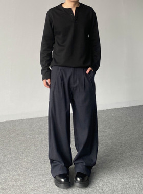 98SQUID 美式复古简约纯色褶皱休闲西裤男女宽松垂感阔腿百搭长裤