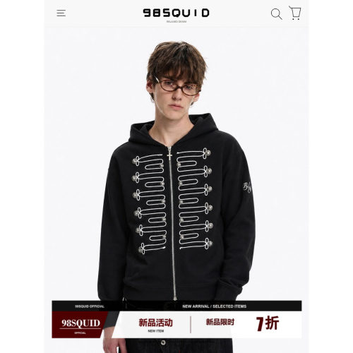 98SQUID 美式街头复古盘绳纽扣连帽卫衣外套男女百搭休闲开衫上衣