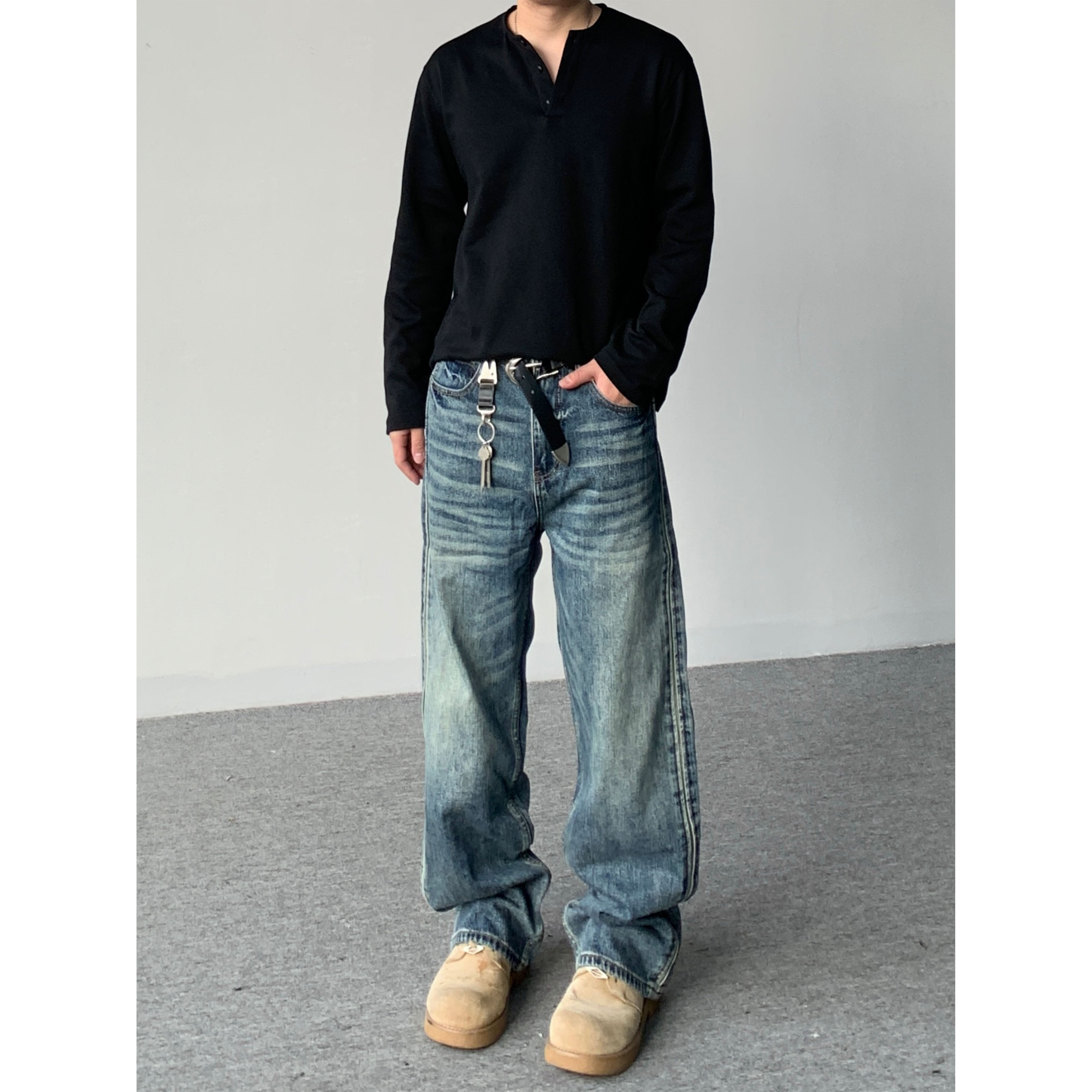 98SQUID 美式复古做旧水洗拼接深色牛仔裤男女宽松休闲直筒长裤子,男装,牛仔裤,淘宝优惠券,粉丝福利购,淘宝优惠卷