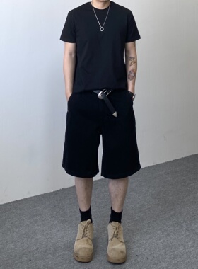 98SQUID 美式高街复古宽松黑色短裤男女简约百搭休闲设计感五分裤