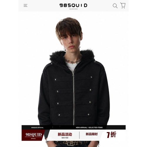 98SQUID美式复古拼接连帽毛领卫衣男女宽松百搭设计感休闲外套