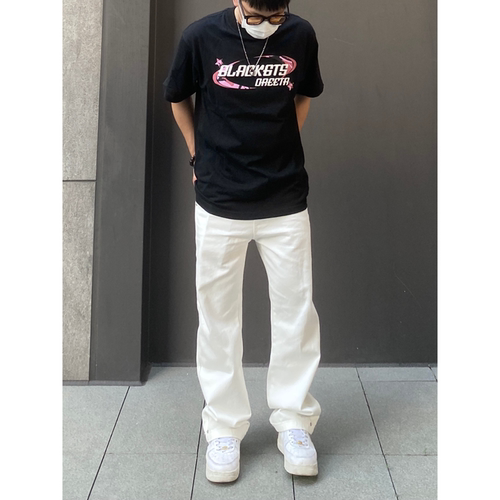 98SQUID 美式复古简约白色牛仔裤男女cleanfit宽松直筒休闲长裤潮