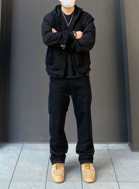 98SQUID 美式高街简约水洗黑色牛仔裤男女宽松直筒纯色休闲长裤潮