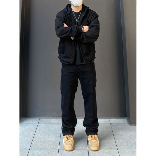 98SQUID 美式高街简约水洗黑色牛仔裤男女宽松直筒纯色休闲长裤潮