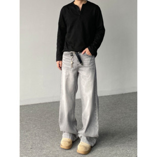 男女宽松休闲阔腿垂感长裤 复古水洗猫须灰色牛仔裤 子 美式 98SQUID