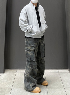 98SQUID 美式复古迷彩工装裤男女高街重磅做旧宽松阔腿休闲长裤潮