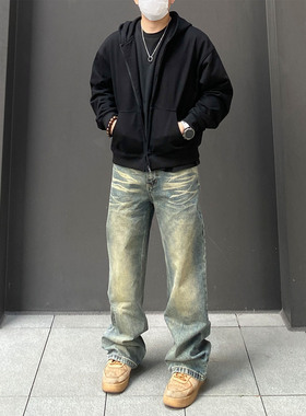 98SQUID 美式高街做旧水洗微喇牛仔裤男女宽松百搭休闲垂感长裤潮