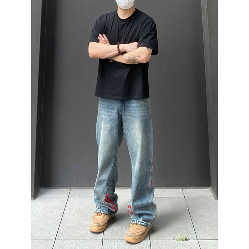98SQUID 美式高街三条杠条纹拼接牛仔裤男女宽松阔腿百搭休闲长裤