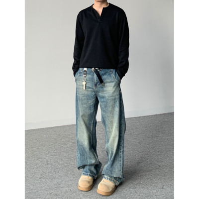 98SQUID 美式复古cleanfit做旧猫须水洗牛仔裤男女宽松休闲长裤子