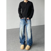 98SQUID 潮 男女宽松休闲垂感直筒长裤 美式 高街水洗渐变猫须牛仔裤