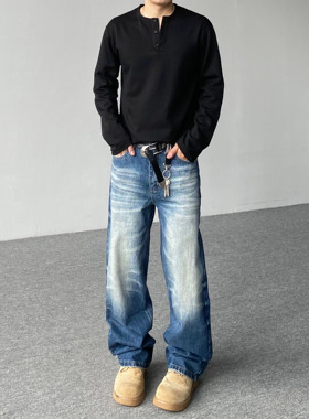 98SQUID 美式高街水洗渐变猫须牛仔裤男女宽松休闲垂感直筒长裤潮