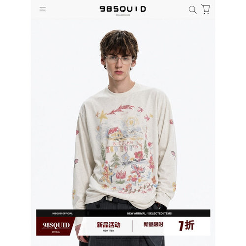 98SQUID美式复古字母星星涂鸦长袖T恤罩衫百搭休闲慵懒透气上衣潮